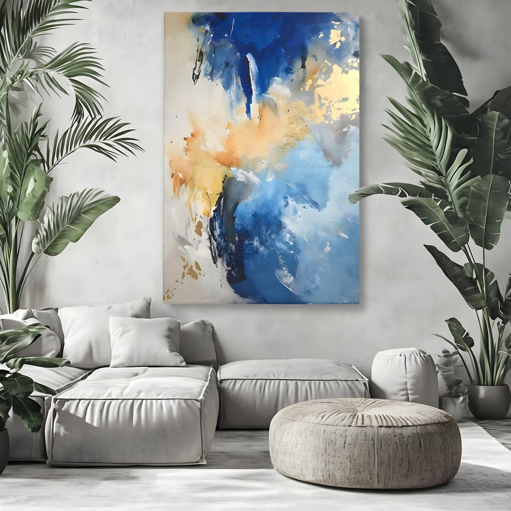 Tablou canvas cu pictura abstracta cu pete albastre si aurii, fara rama, pe sasiu de lemn, pe perete intr-un living